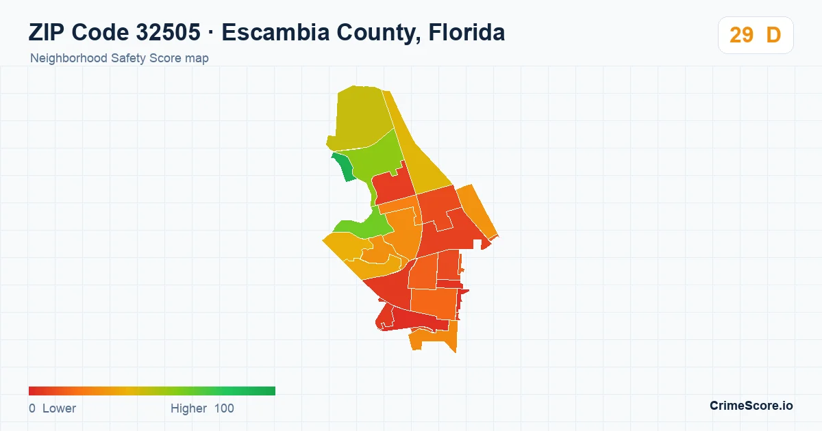 ZIP Code 32505 in Escambia County, Florida neighborhood Safety Score map