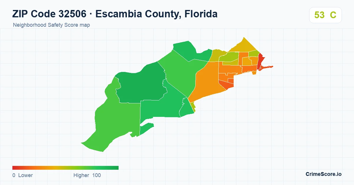 ZIP Code 32506 in Escambia County, Florida neighborhood Safety Score map