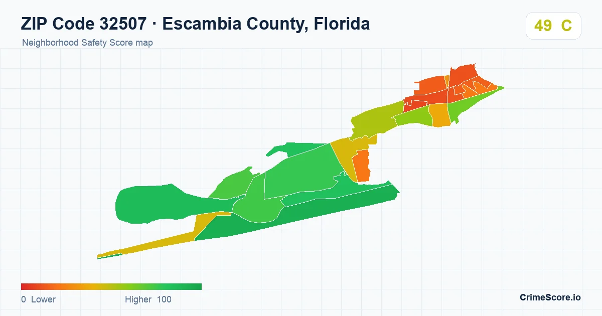 ZIP Code 32507 in Escambia County, Florida neighborhood Safety Score map