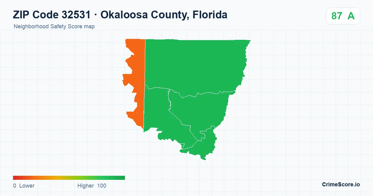 ZIP Code 32531 in Okaloosa County, Florida neighborhood Safety Score map