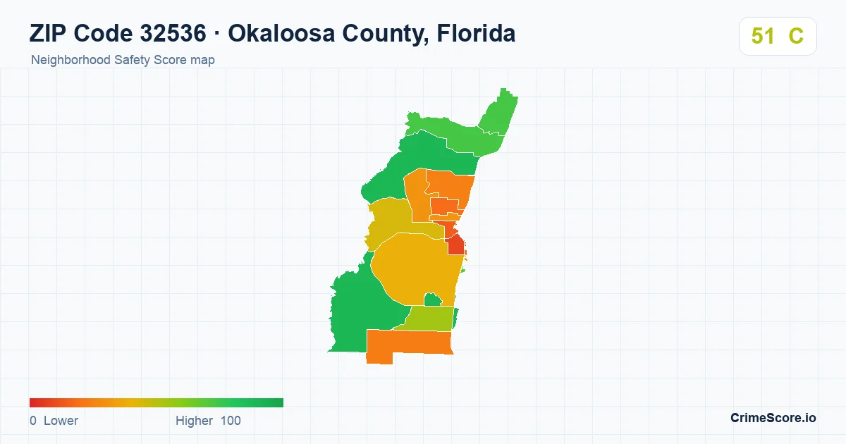 ZIP Code 32536 in Okaloosa County, Florida neighborhood Safety Score map