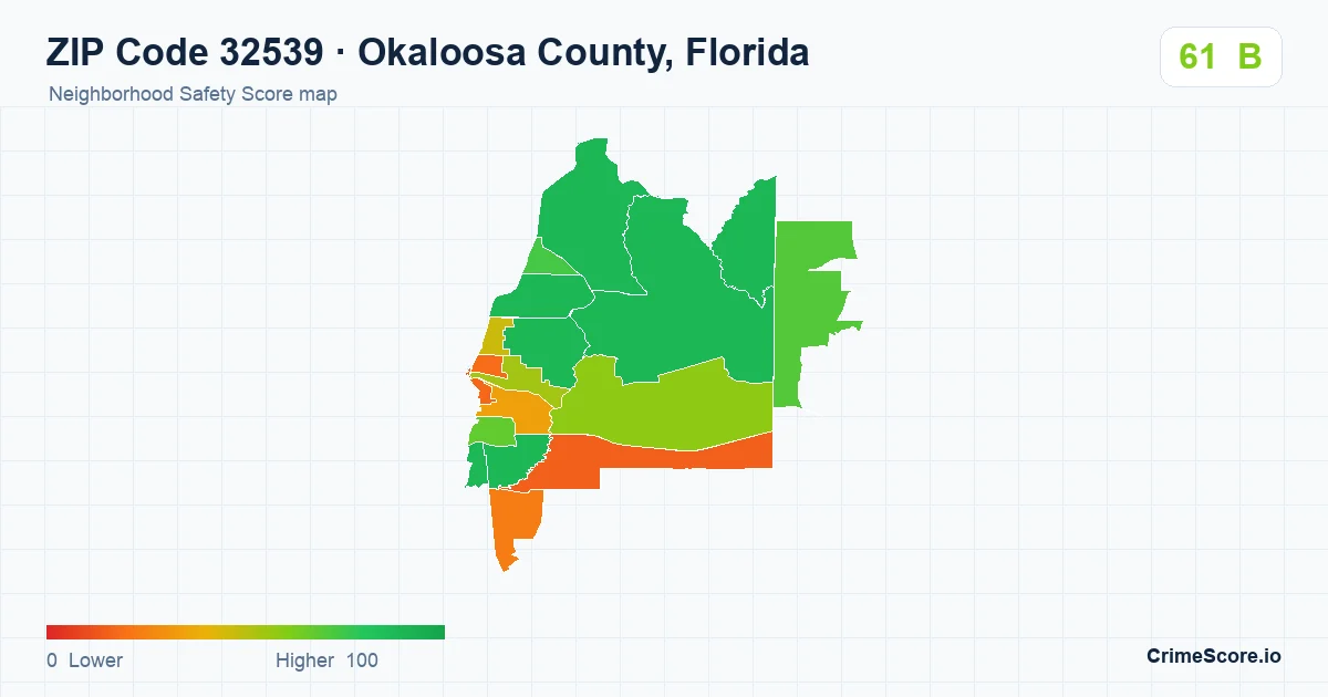 ZIP Code 32539 in Okaloosa County, Florida neighborhood Safety Score map