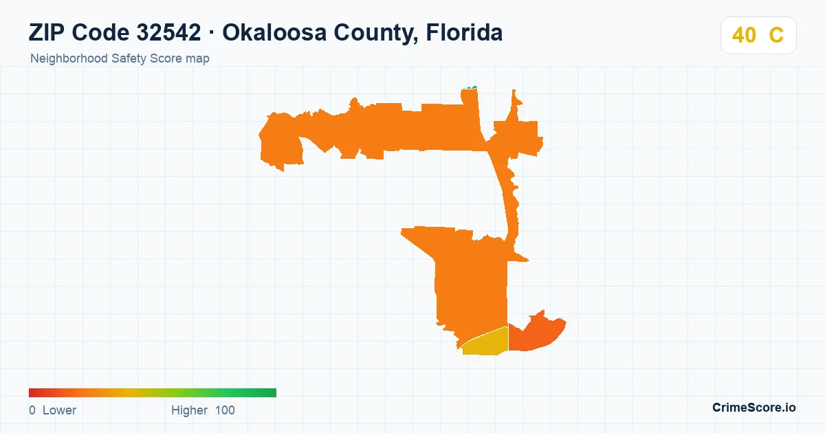 ZIP Code 32542 in Okaloosa County, Florida neighborhood Safety Score map