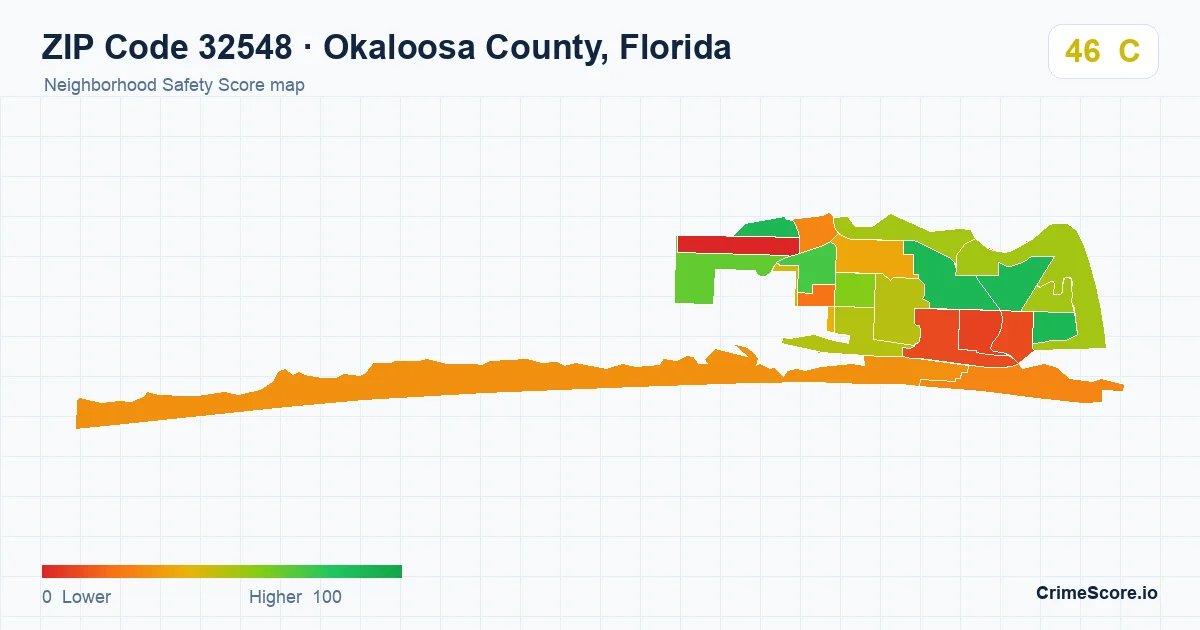 ZIP Code 32548 in Okaloosa County, Florida neighborhood Safety Score map