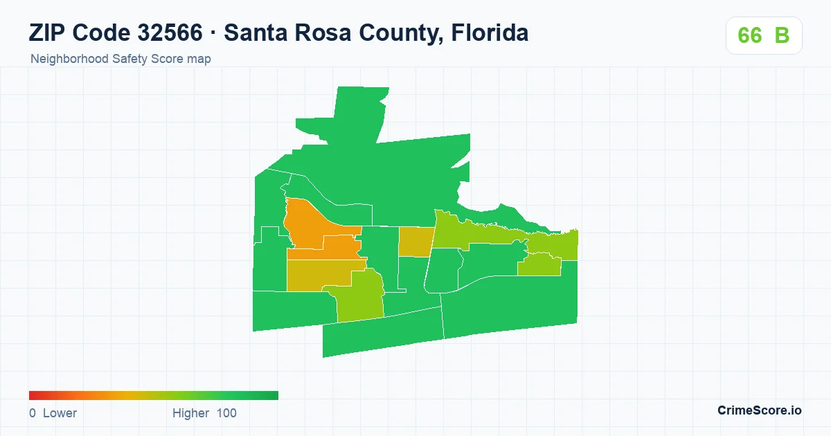 ZIP Code 32566 in Santa Rosa County, Florida neighborhood Safety Score map
