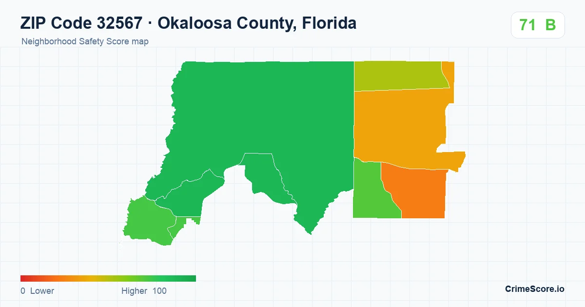 ZIP Code 32567 in Okaloosa County, Florida neighborhood Safety Score map