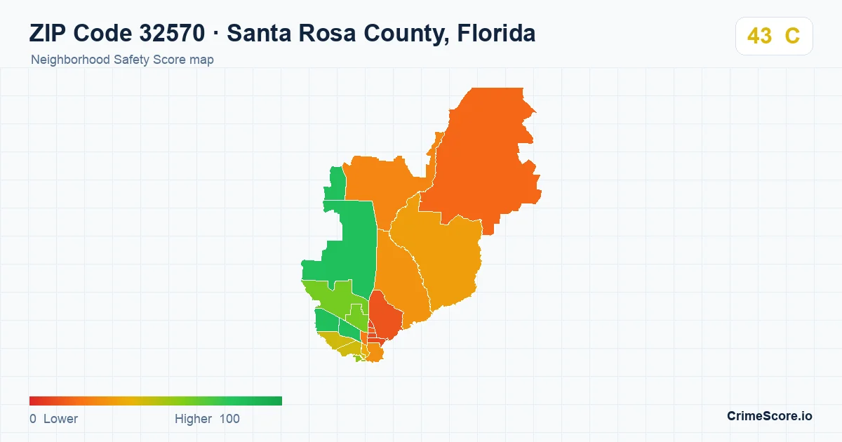 ZIP Code 32570 in Santa Rosa County, Florida neighborhood Safety Score map
