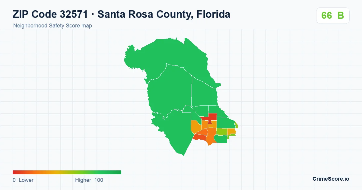 ZIP Code 32571 in Santa Rosa County, Florida neighborhood Safety Score map