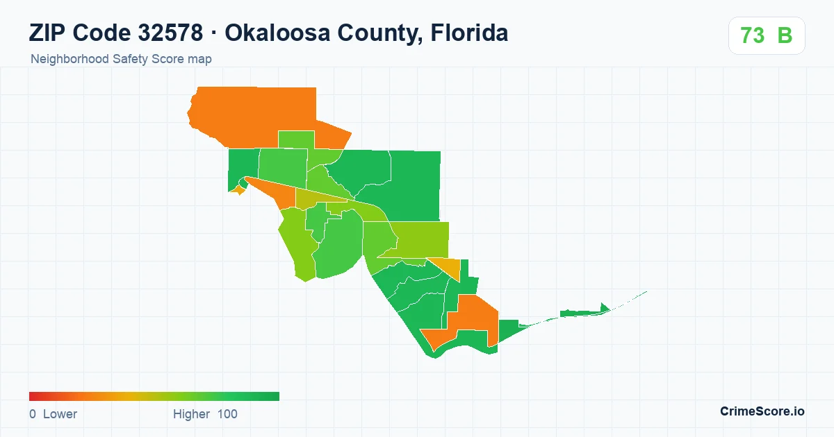 ZIP Code 32578 in Okaloosa County, Florida neighborhood Safety Score map