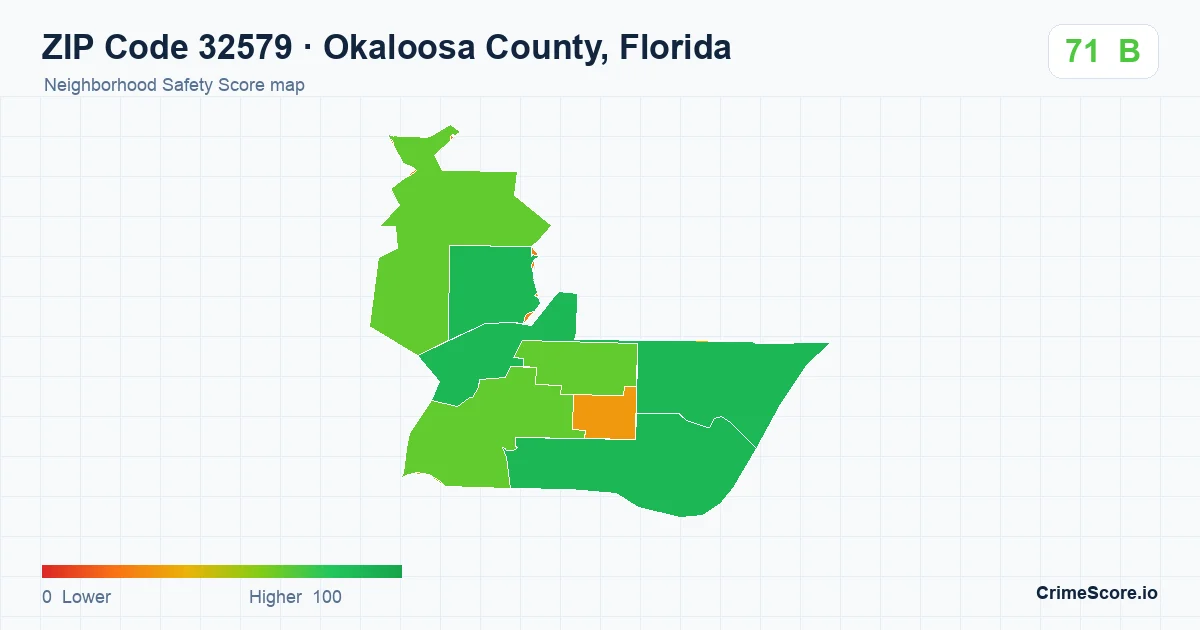 ZIP Code 32579 in Okaloosa County, Florida neighborhood Safety Score map