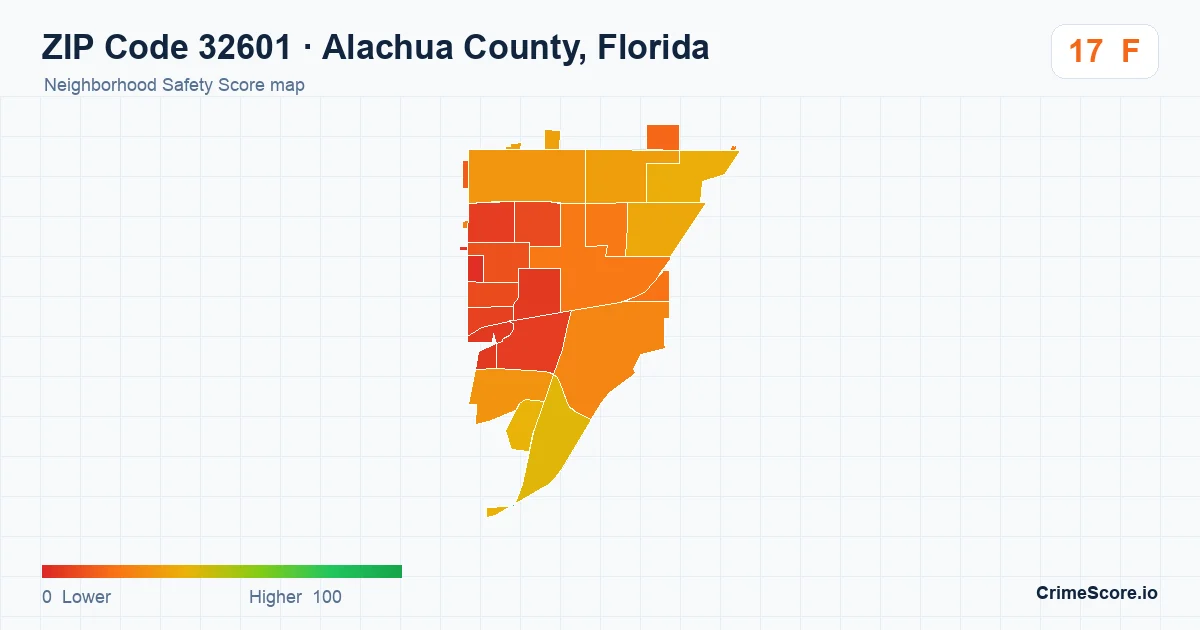 ZIP Code 32601 in Alachua County, Florida neighborhood Safety Score map