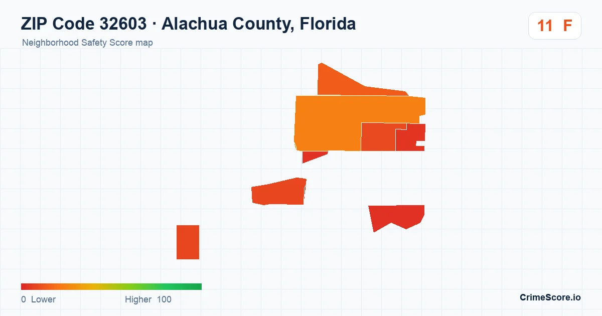 ZIP Code 32603 in Alachua County, Florida neighborhood Safety Score map