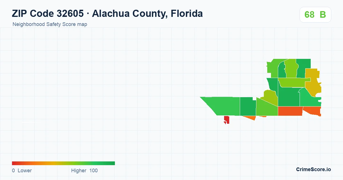 ZIP Code 32605 in Alachua County, Florida neighborhood Safety Score map