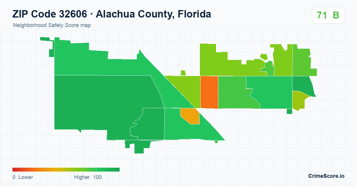 ZIP Code 32606 in Alachua County, Florida neighborhood Safety Score map