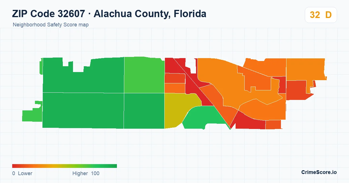 ZIP Code 32607 in Alachua County, Florida neighborhood Safety Score map