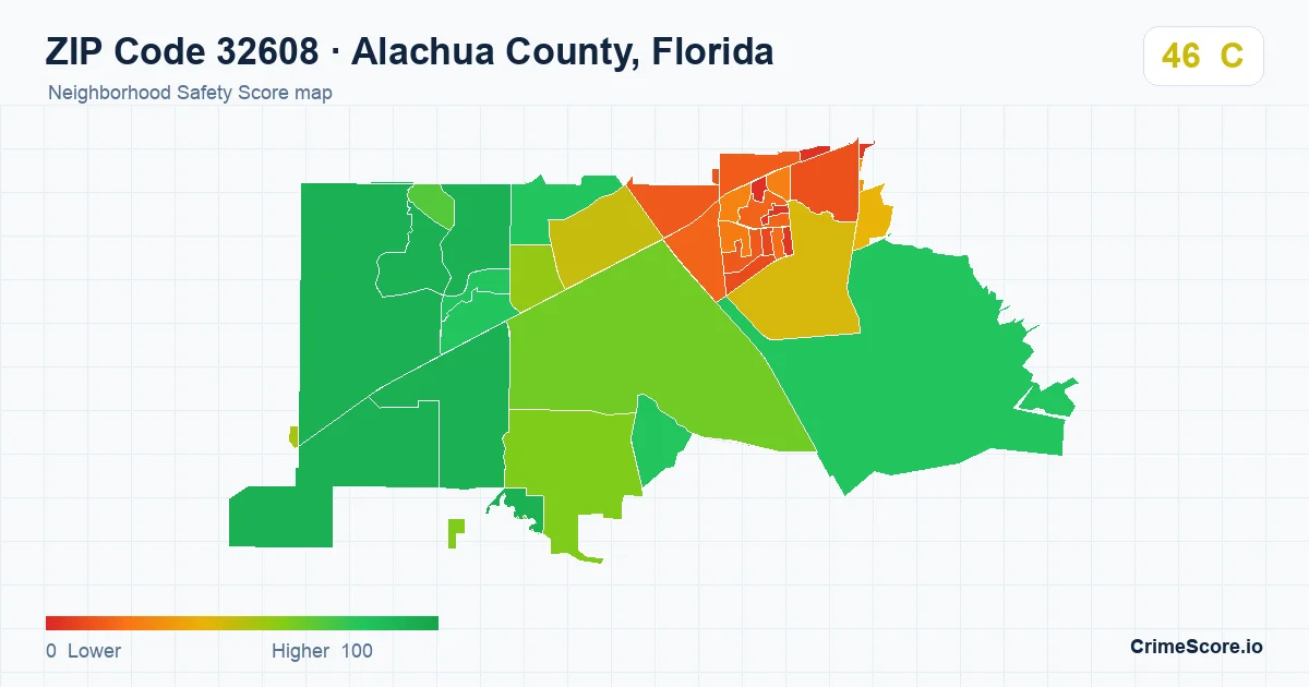 ZIP Code 32608 in Alachua County, Florida neighborhood Safety Score map