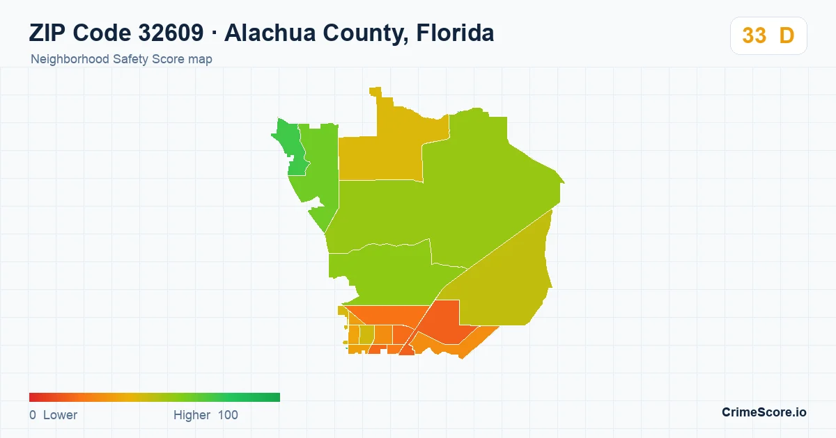 ZIP Code 32609 in Alachua County, Florida neighborhood Safety Score map