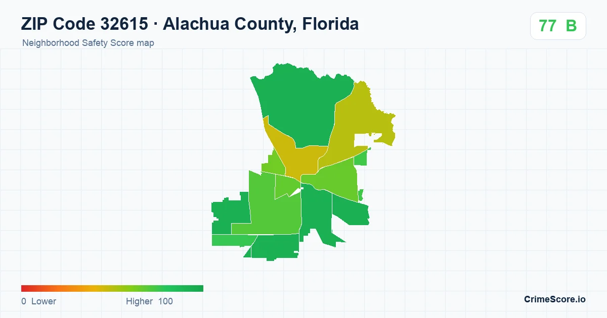 ZIP Code 32615 in Alachua County, Florida neighborhood Safety Score map