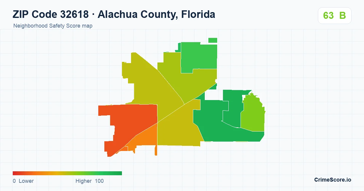 ZIP Code 32618 in Alachua County, Florida neighborhood Safety Score map