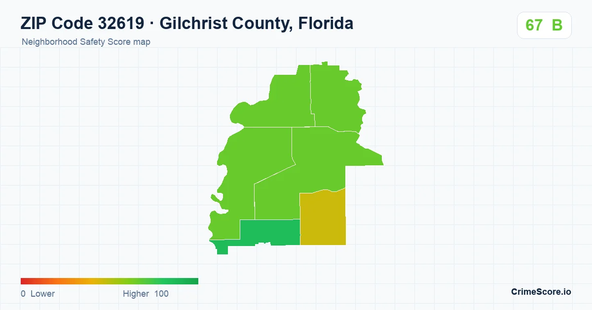 ZIP Code 32619 in Gilchrist County, Florida neighborhood Safety Score map