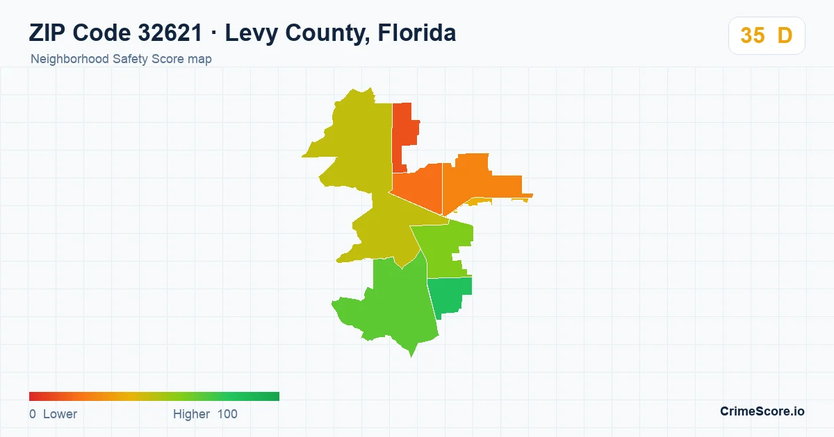 ZIP Code 32621 in Levy County, Florida neighborhood Safety Score map