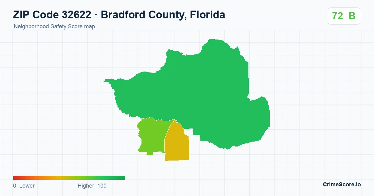 ZIP Code 32622 in Bradford County, Florida neighborhood Safety Score map