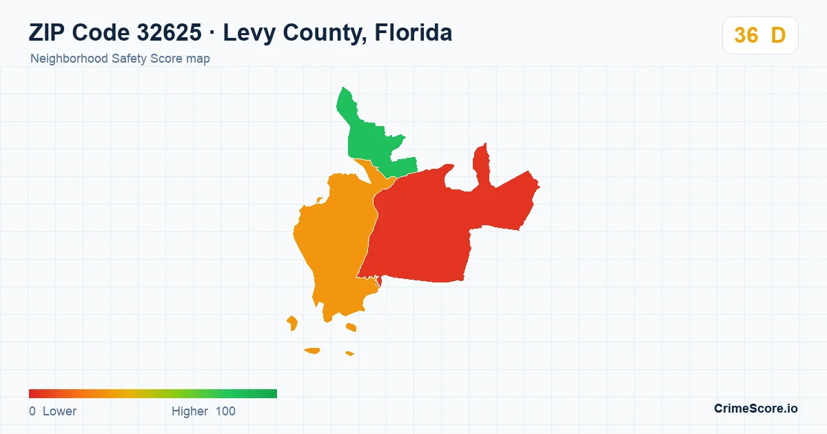 ZIP Code 32625 in Levy County, Florida neighborhood Safety Score map