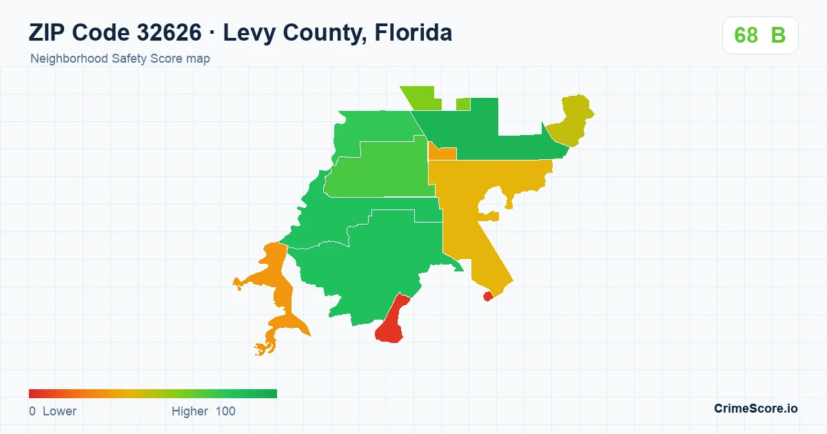 ZIP Code 32626 in Levy County, Florida neighborhood Safety Score map