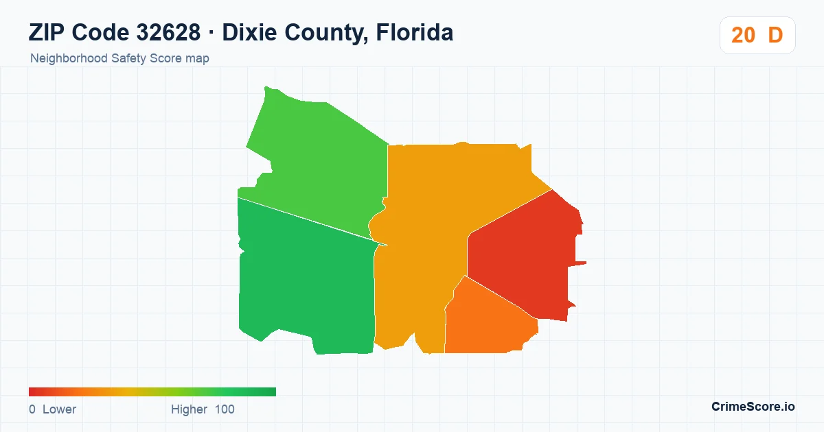 ZIP Code 32628 in Dixie County, Florida neighborhood Safety Score map