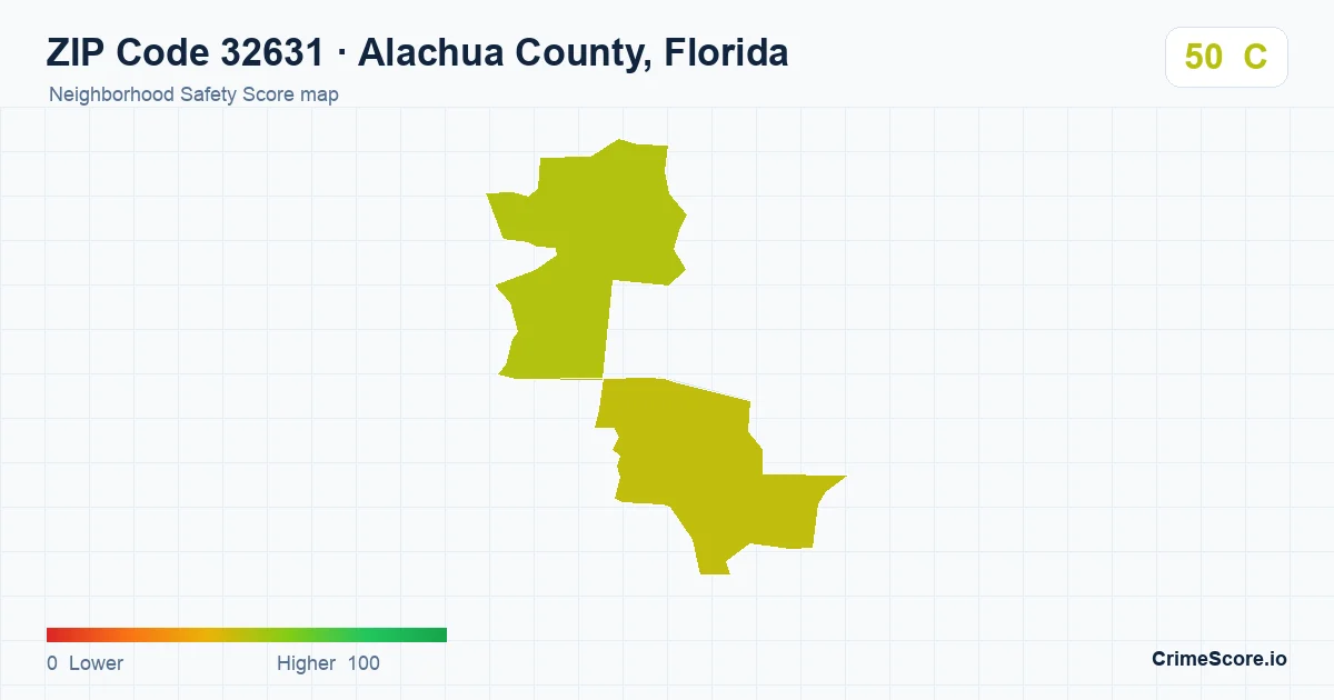 ZIP Code 32631 in Alachua County, Florida neighborhood Safety Score map
