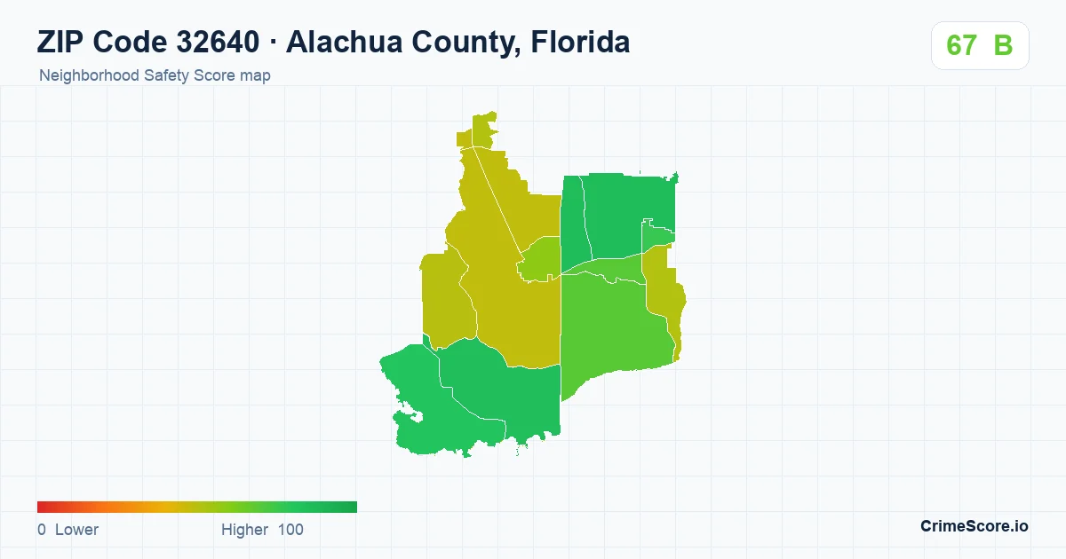 ZIP Code 32640 in Alachua County, Florida neighborhood Safety Score map