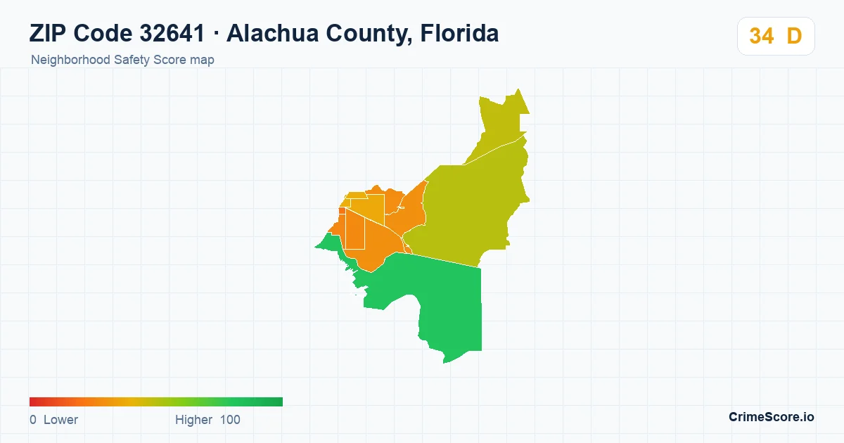 ZIP Code 32641 in Alachua County, Florida neighborhood Safety Score map