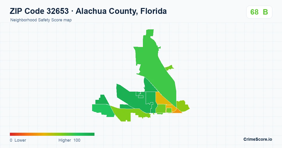 ZIP Code 32653 in Alachua County, Florida neighborhood Safety Score map
