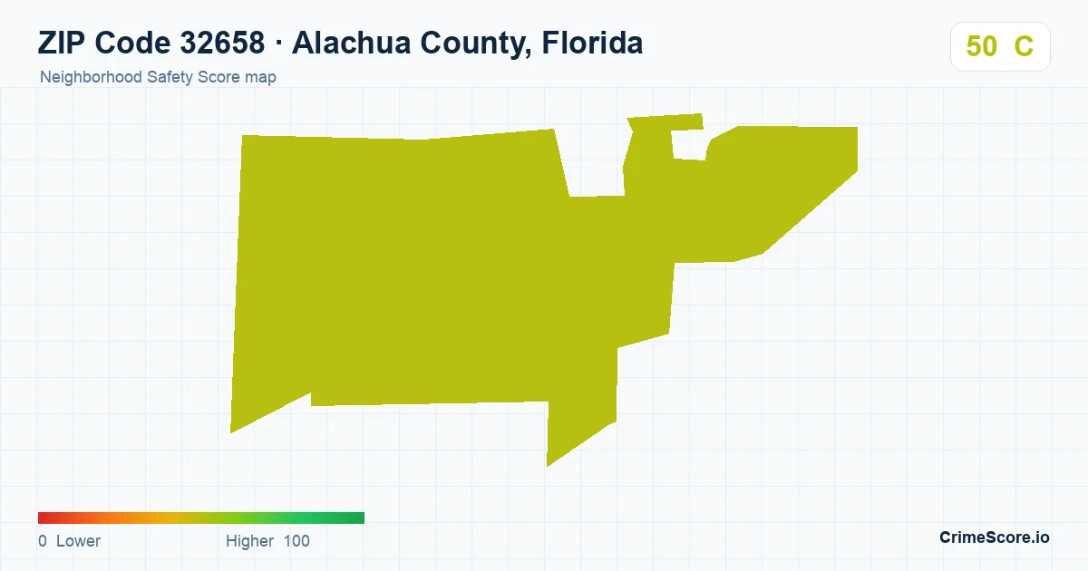 ZIP Code 32658 in Alachua County, Florida neighborhood Safety Score map