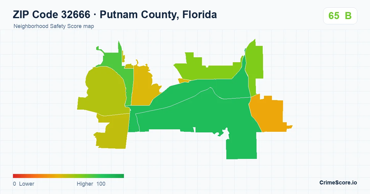 ZIP Code 32666 in Putnam County, Florida neighborhood Safety Score map