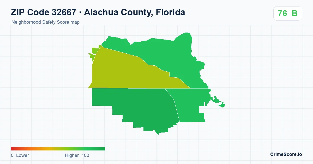 ZIP Code 32667 in Alachua County, Florida neighborhood Safety Score map