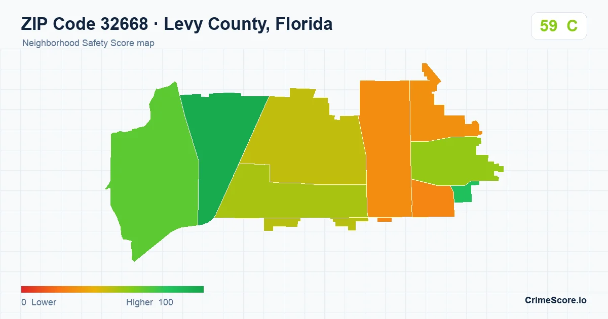 ZIP Code 32668 in Levy County, Florida neighborhood Safety Score map
