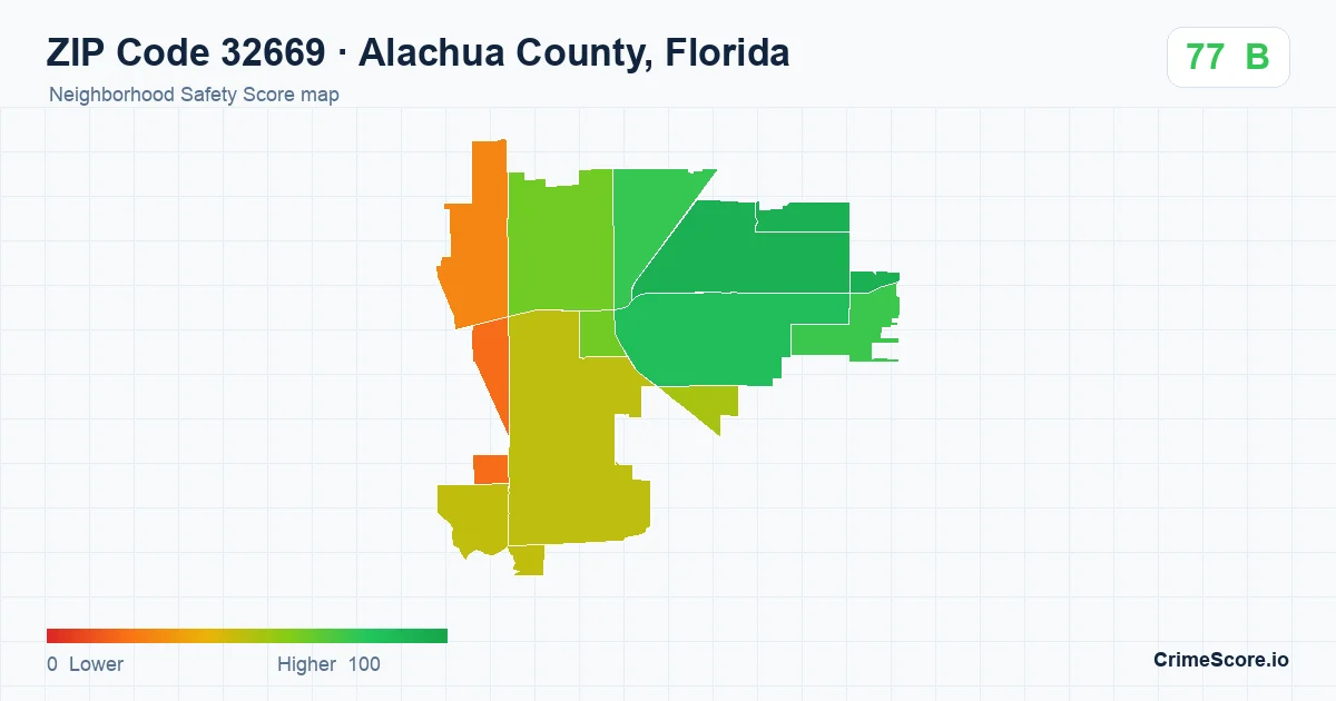 ZIP Code 32669 in Alachua County, Florida neighborhood Safety Score map