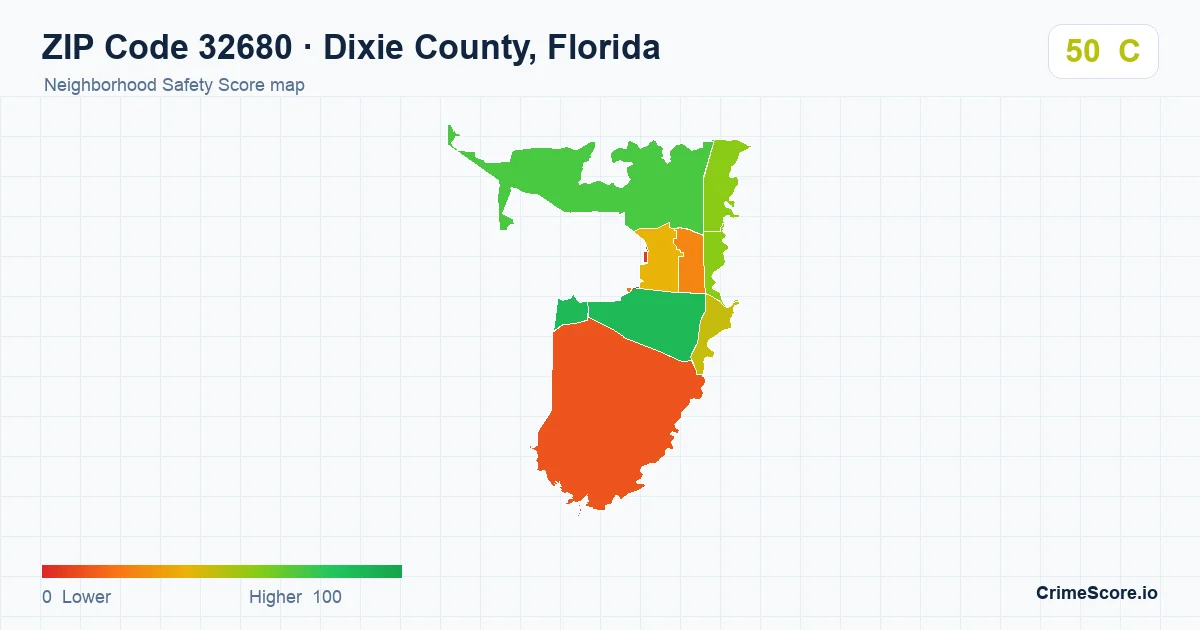 ZIP Code 32680 in Dixie County, Florida neighborhood Safety Score map