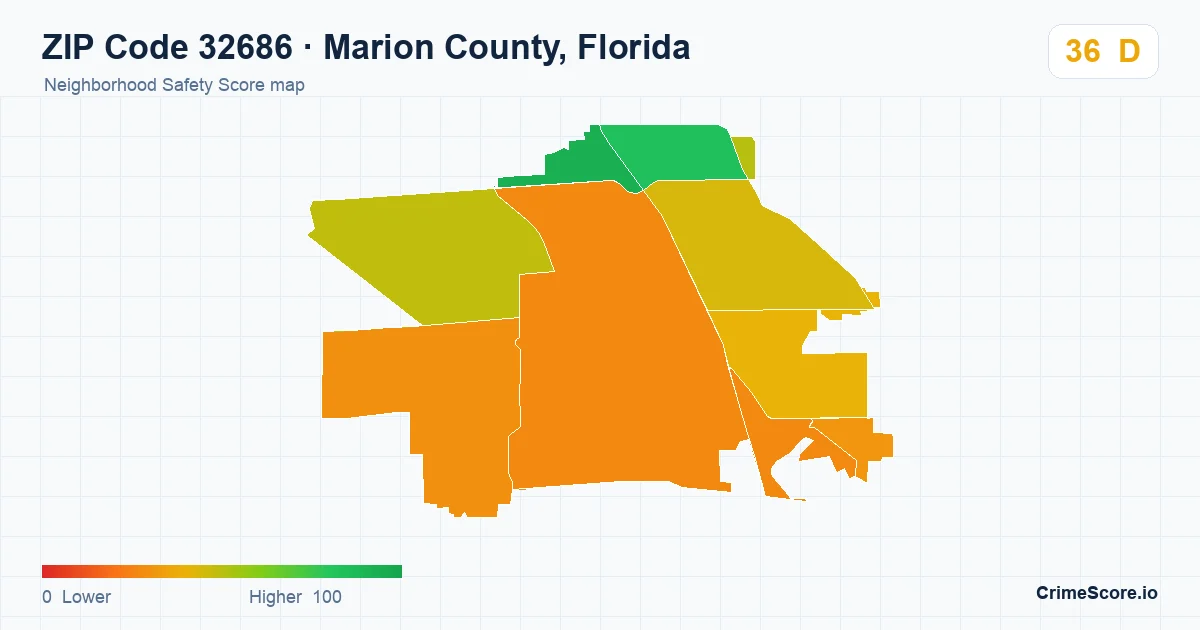 ZIP Code 32686 in Marion County, Florida neighborhood Safety Score map