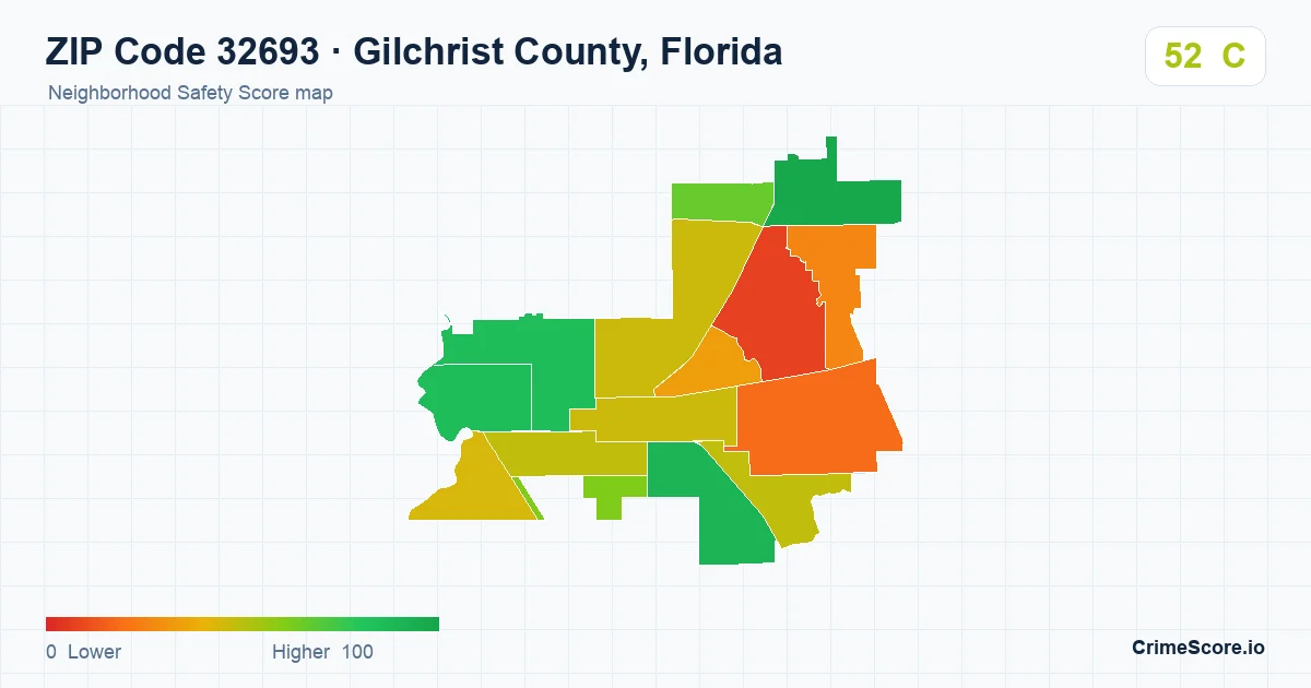 ZIP Code 32693 in Gilchrist County, Florida neighborhood Safety Score map