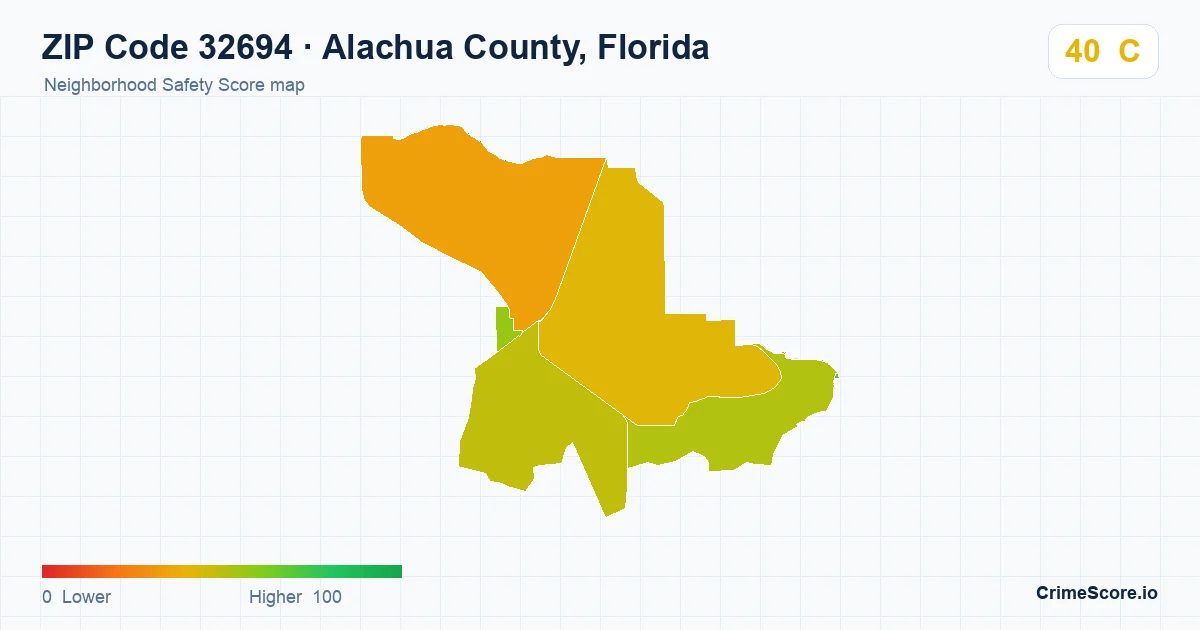 ZIP Code 32694 in Alachua County, Florida neighborhood Safety Score map