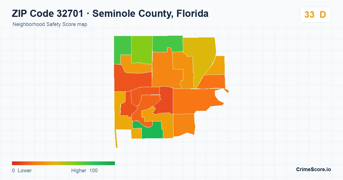 ZIP Code 32701 in Seminole County, Florida neighborhood Safety Score map