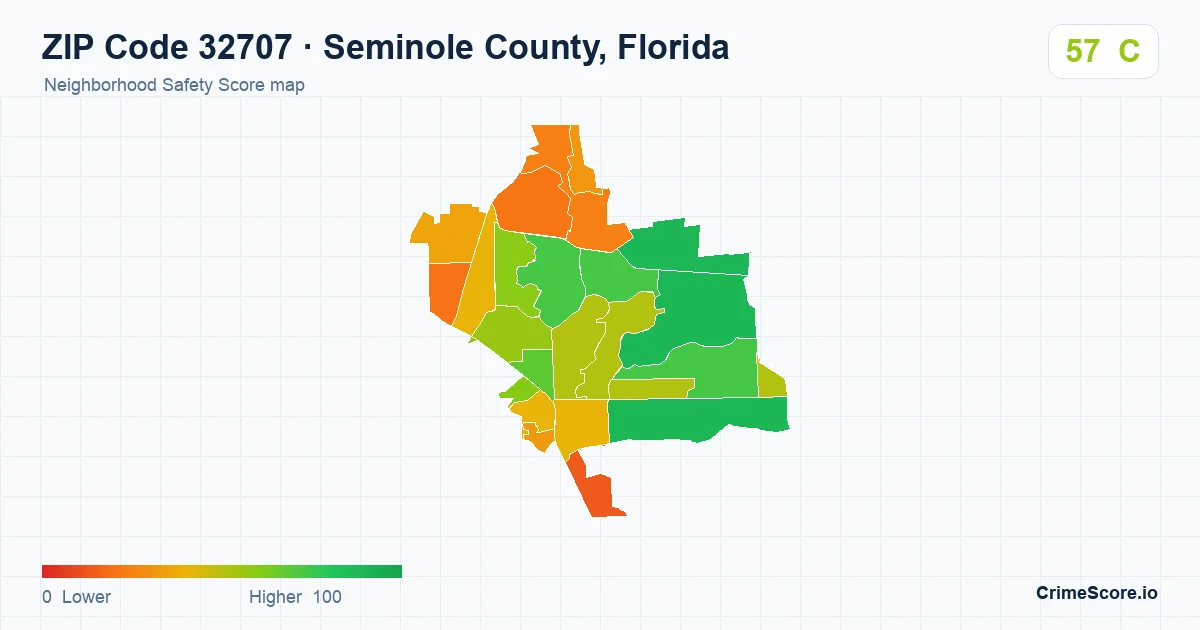 ZIP Code 32707 in Seminole County, Florida neighborhood Safety Score map