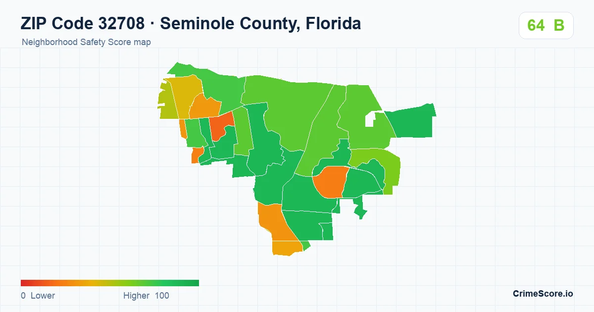 ZIP Code 32708 in Seminole County, Florida neighborhood Safety Score map