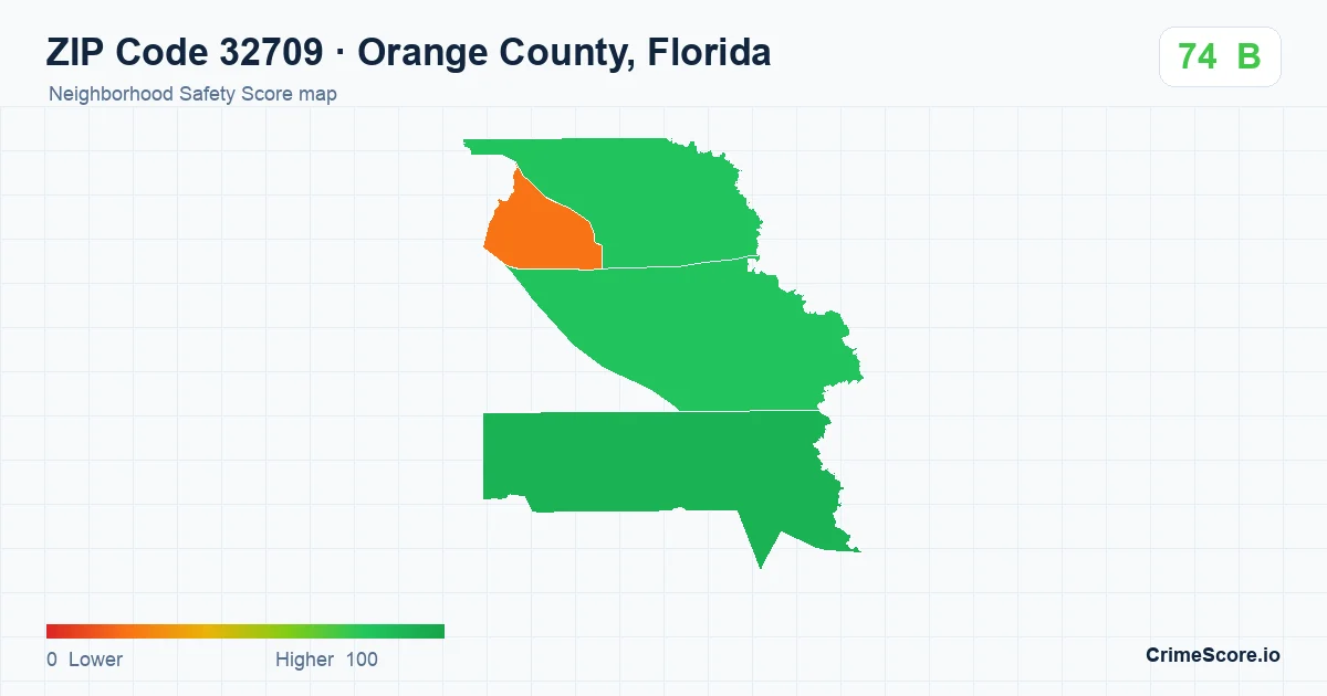 ZIP Code 32709 in Orange County, Florida neighborhood Safety Score map