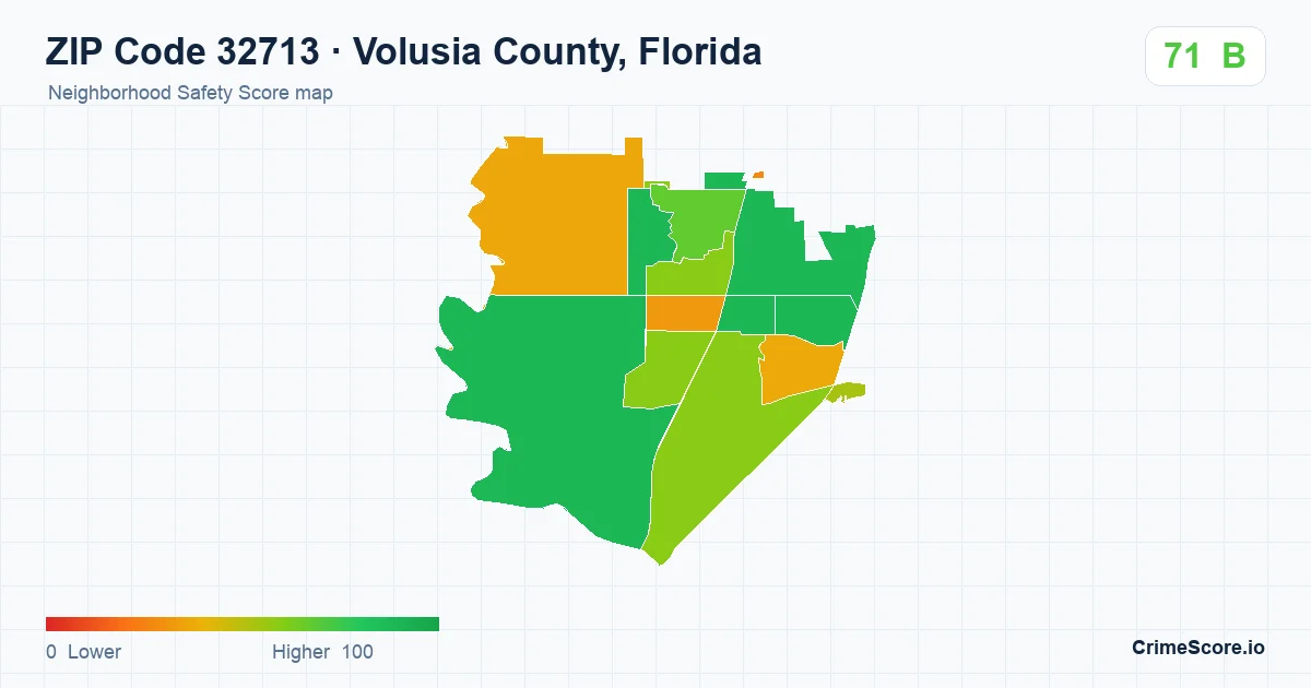 ZIP Code 32713 in Volusia County, Florida neighborhood Safety Score map