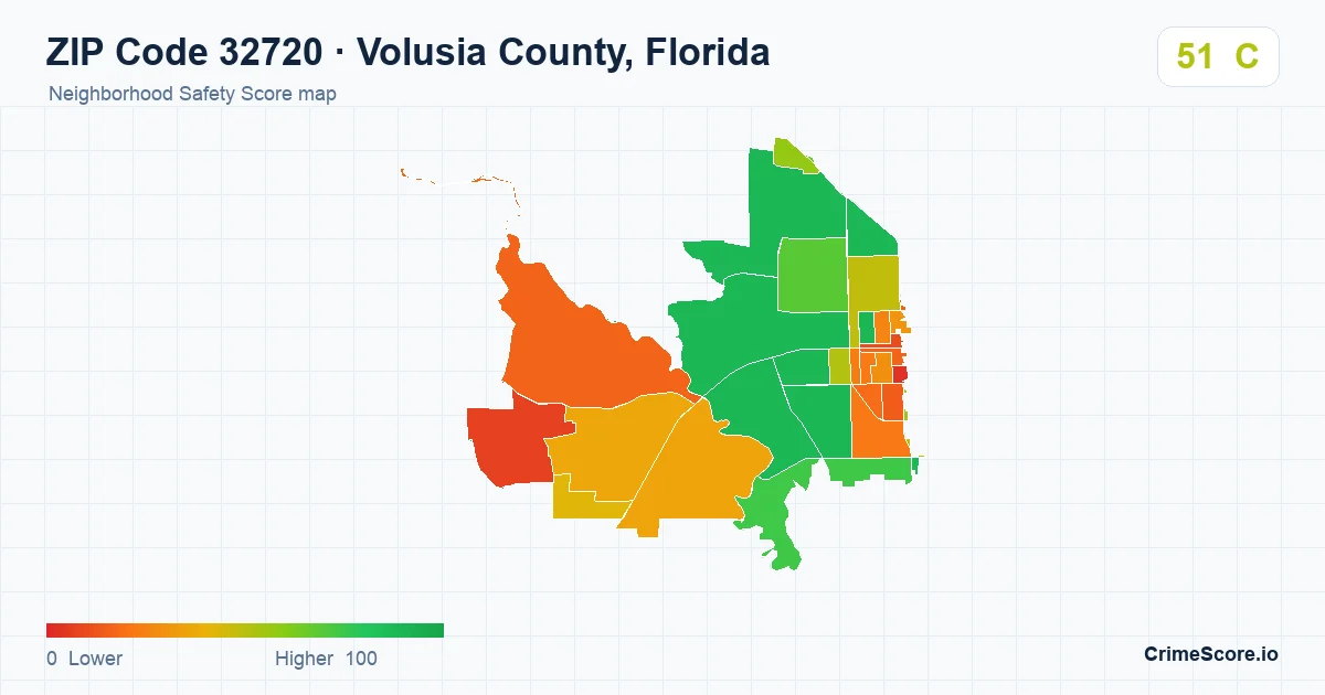 ZIP Code 32720 in Volusia County, Florida neighborhood Safety Score map