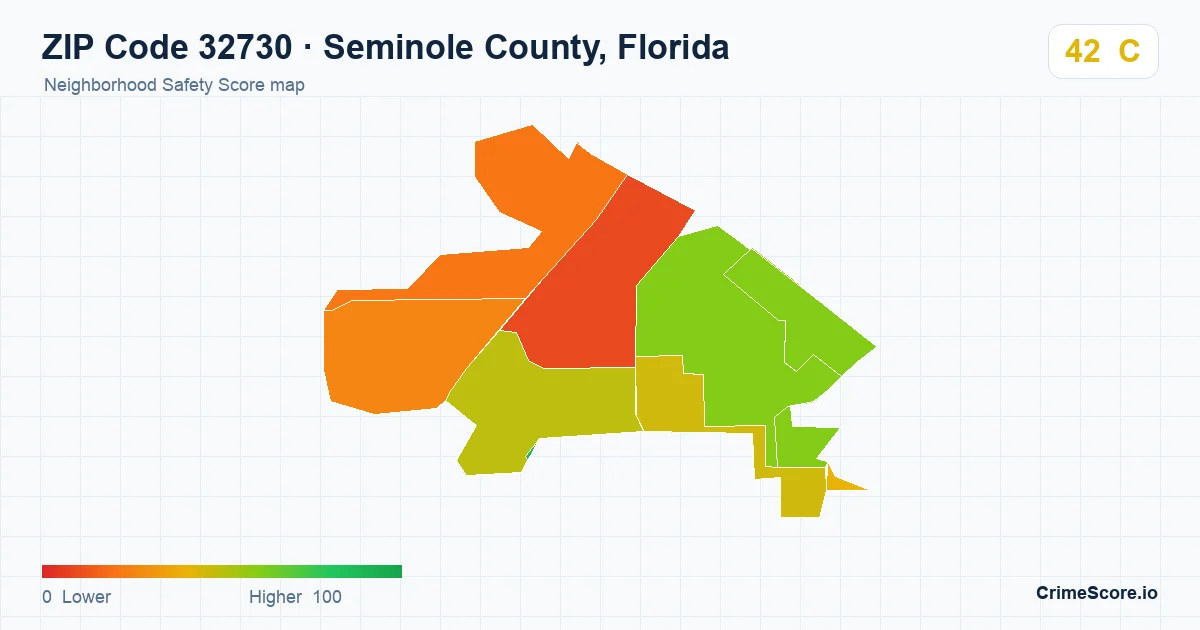 ZIP Code 32730 in Seminole County, Florida neighborhood Safety Score map