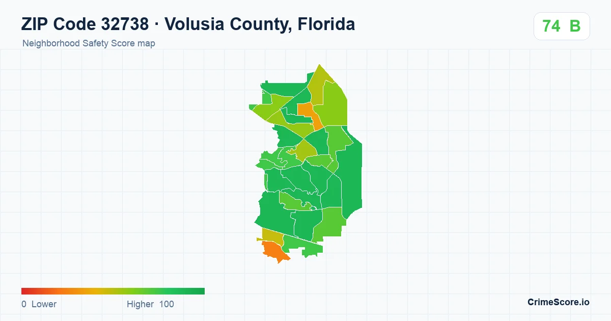 ZIP Code 32738 in Volusia County, Florida neighborhood Safety Score map